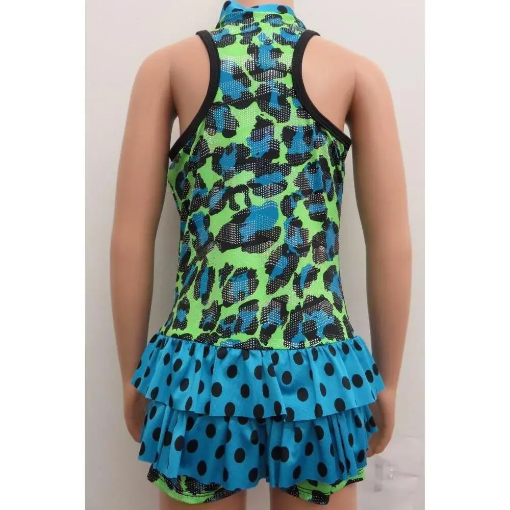 Pre-Owned Dance Costume Curtain call E1146 Large Child Green Ruffles Jazz Foil